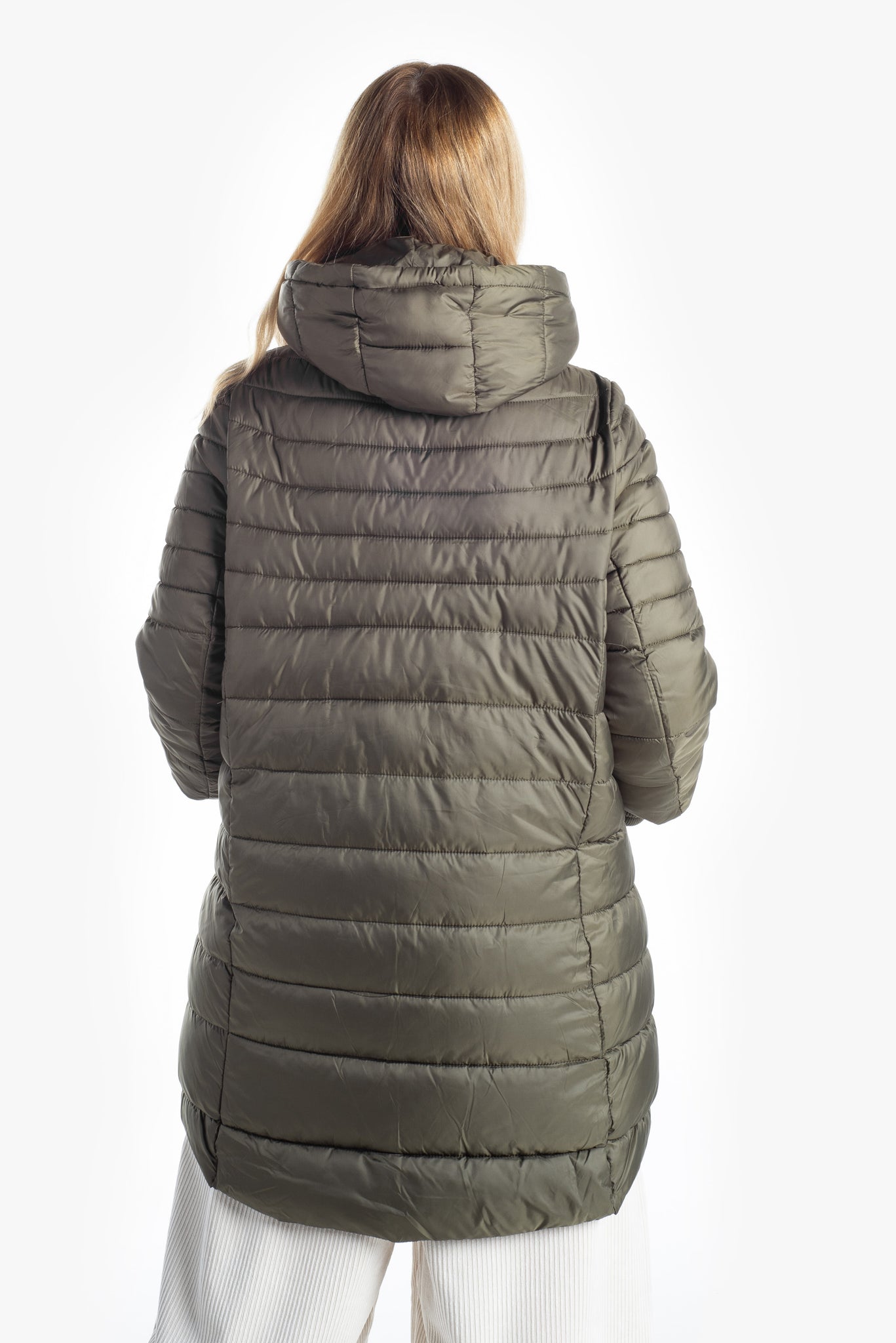 Down jacket with hood.
