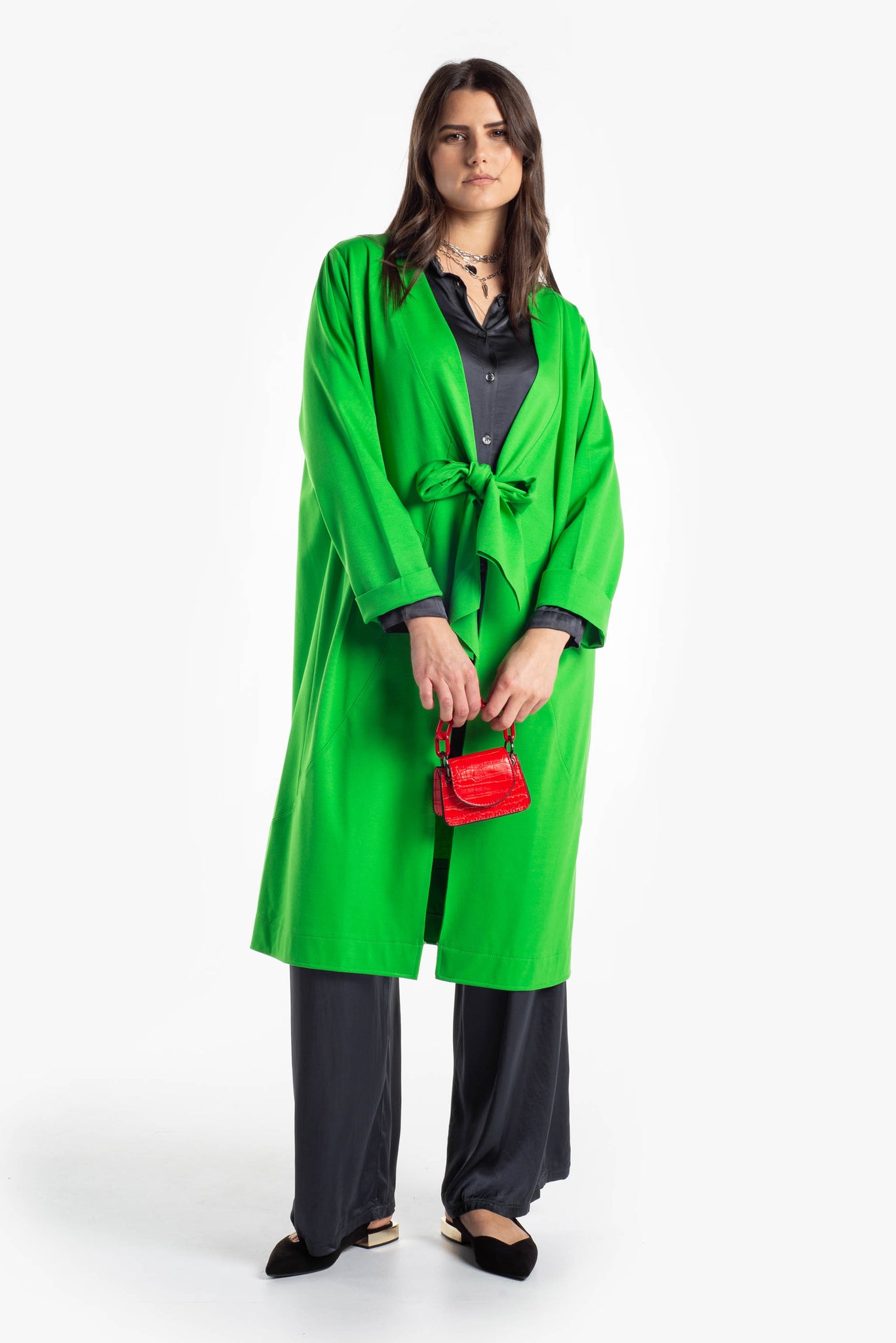 Milan stitch duster coat with bow detail