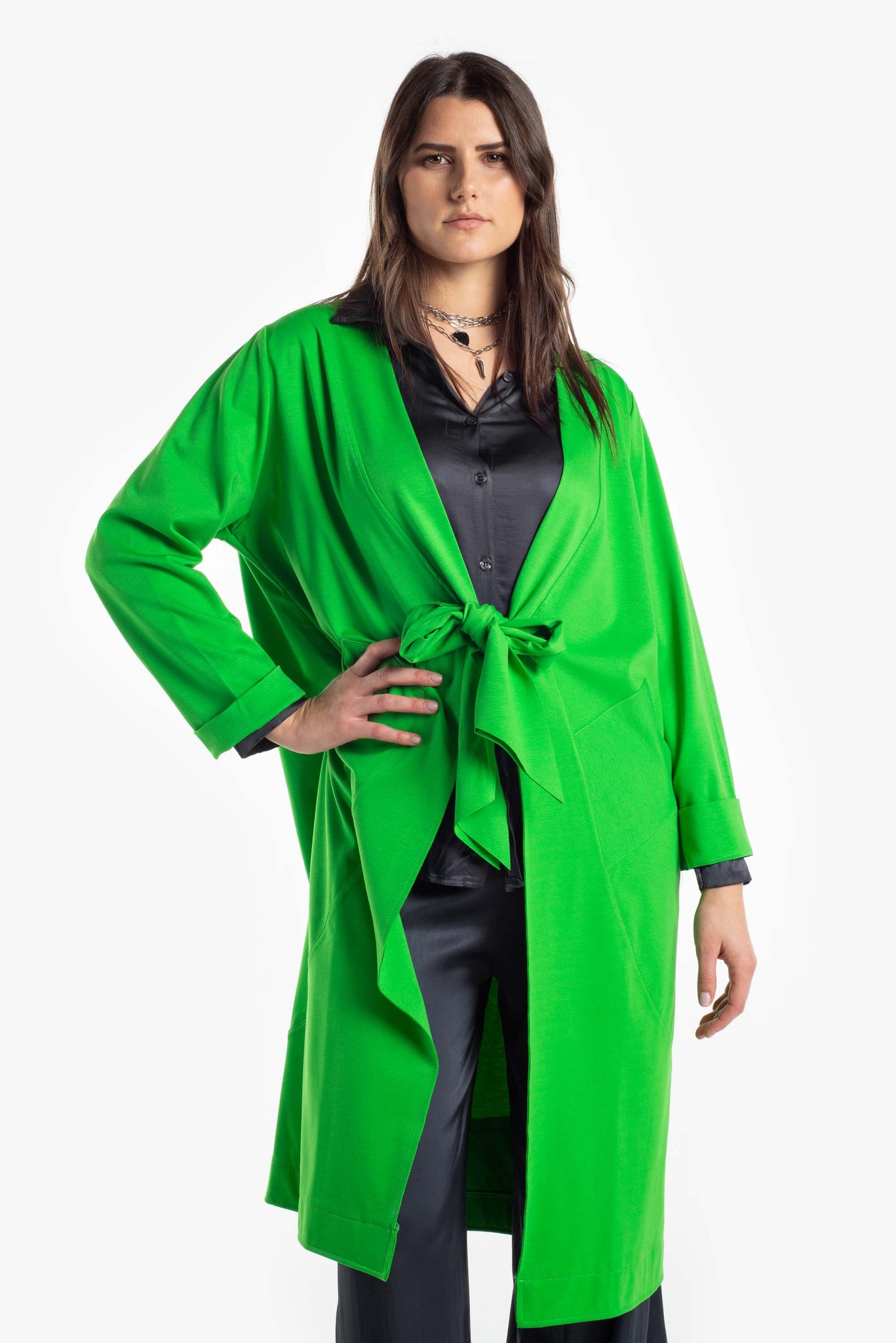 Milan stitch duster coat with bow detail