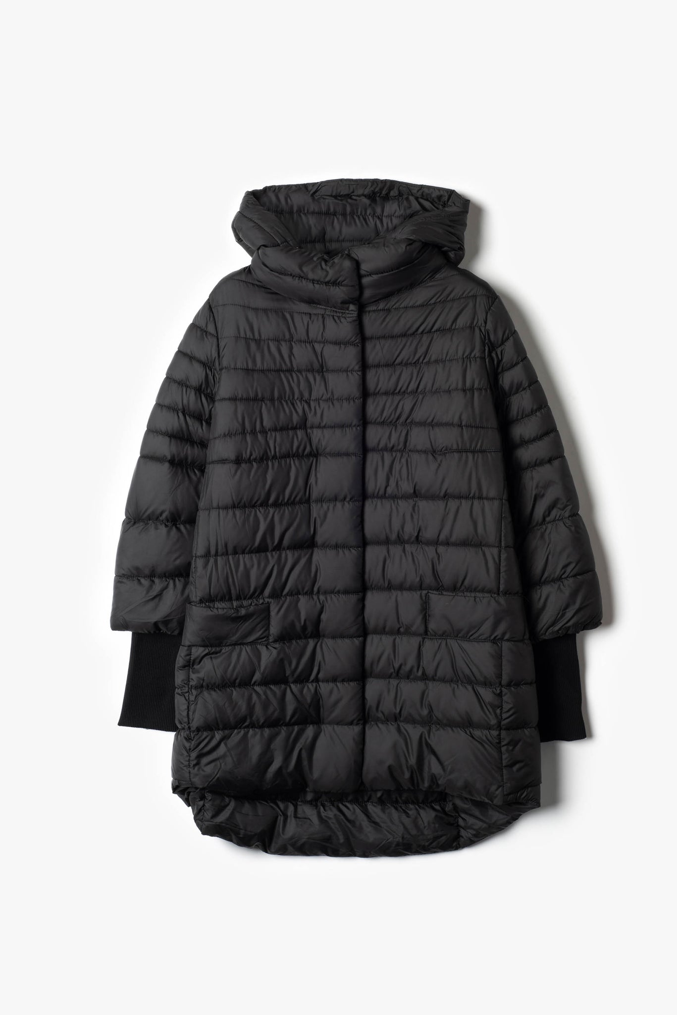 Down jacket with hood.